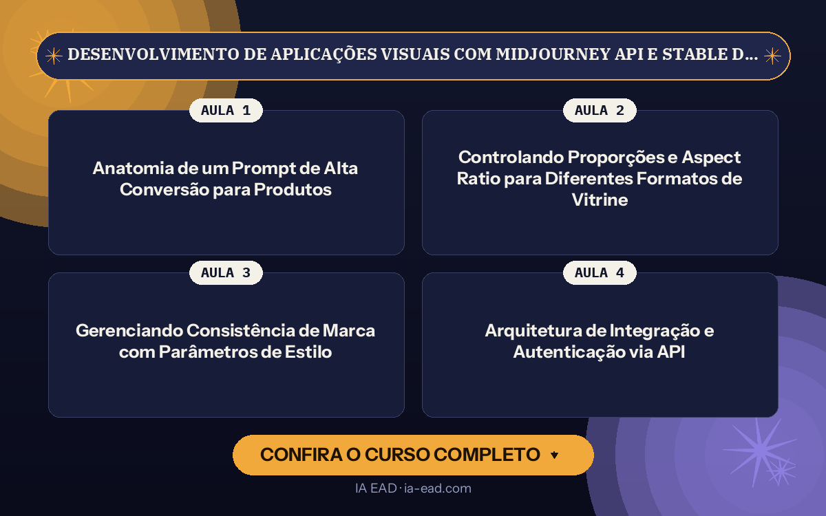 Capa do curso Desenvolvimento de Aplicações Visuais com Midjourney API e Stable Diffusion para E-commerce