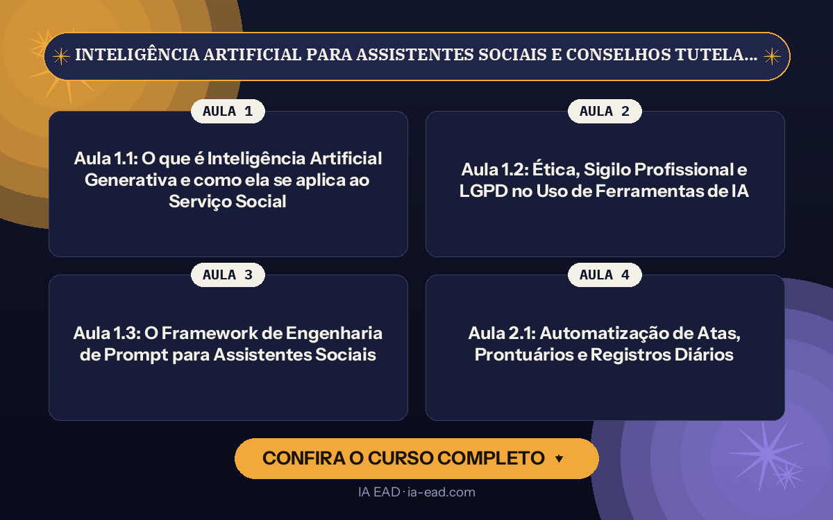 Capa do curso Inteligência Artificial para Assistentes Sociais e Conselhos Tutelares: Redução de Burocracia, Laudos Sociais e Relatórios