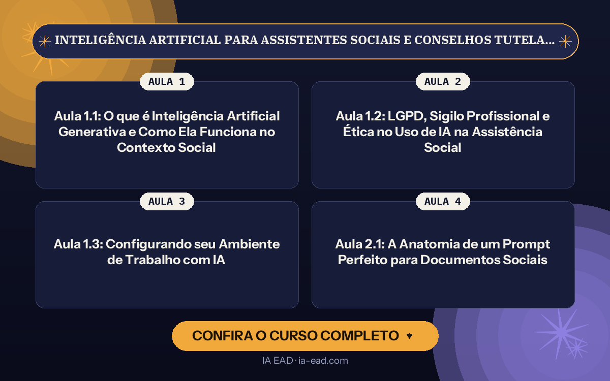 Capa do curso Inteligência Artificial para Assistentes Sociais e Conselhos Tutelares: Redução de Burocracia, Laudos Sociais e Relatórios